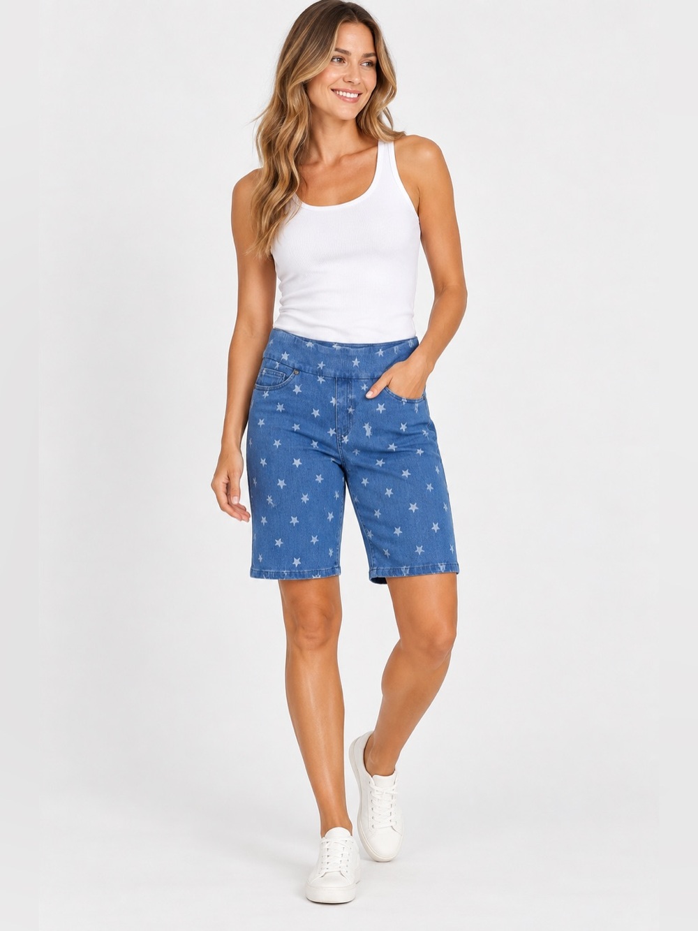 Coldwater Creek Pull On Chambray Star Printed Bermuda Shorts Size 16 Patriotic